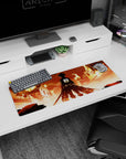 Mouse pad size 32x12 inches portraying Eren Yeager from Attack on Titan against a backdrop of a fiery city in iconic anime style.