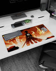 Eren Yeager in Attack on Titan iconic scene, city ablaze, 32x16 inch anime mouse pad, orange embers and smoky skies.