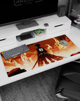 Eren Yeager from Attack on Titan stands amid a burning city on this 36x16 inch anime mouse pad, capturing his iconic moment.