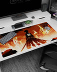 Anime mouse pad featuring Eren Yeager from Attack on Titan, size 40x20 inches, with fiery cityscape and intense detail.
