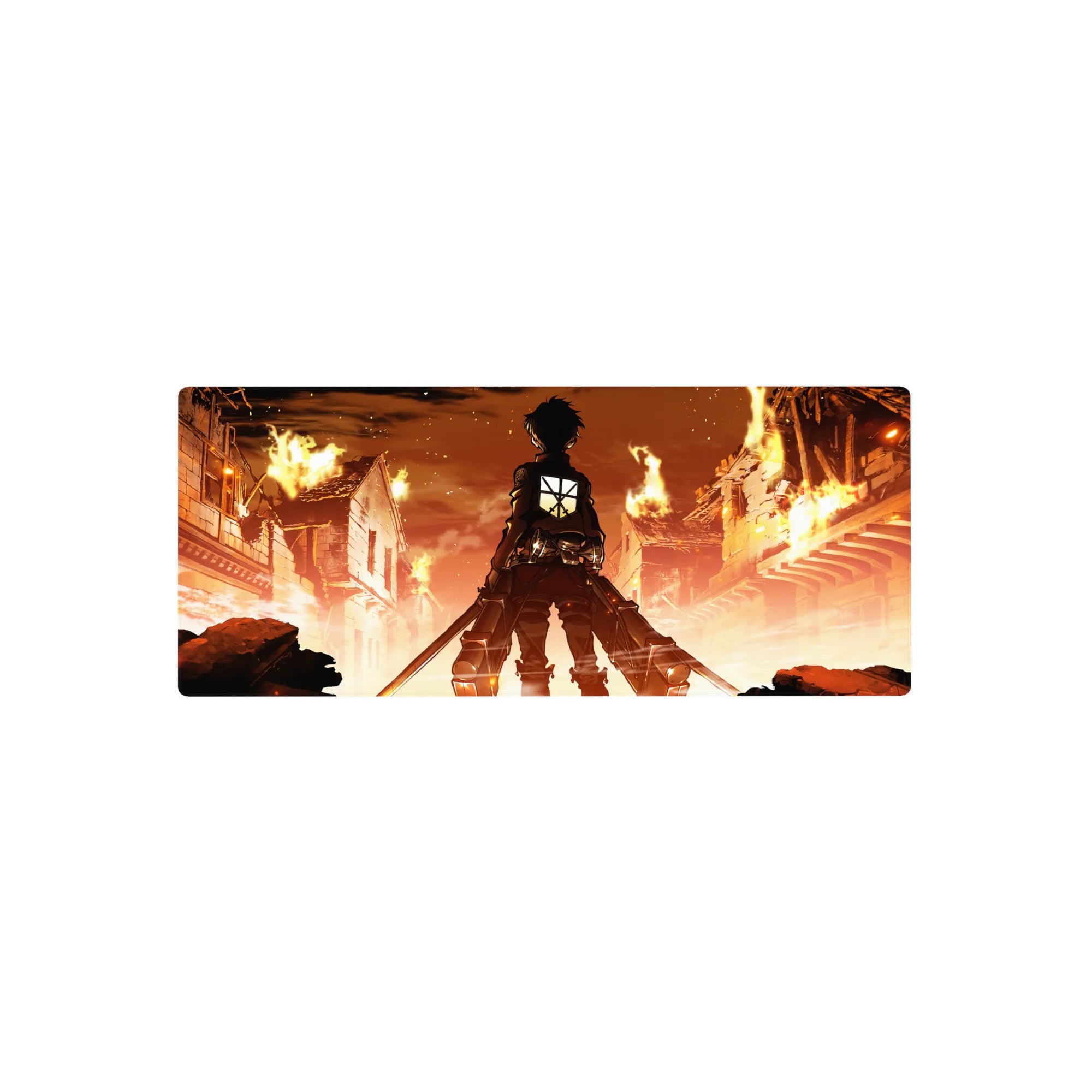 Eren Yeager mouse pad from Attack on Titan, size 28x12 inches, depicts a city in flames with Eren&#39;s iconic stance.