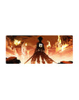 Eren Yeager mouse pad from Attack on Titan, size 28x12 inches, depicts a city in flames with Eren's iconic stance.