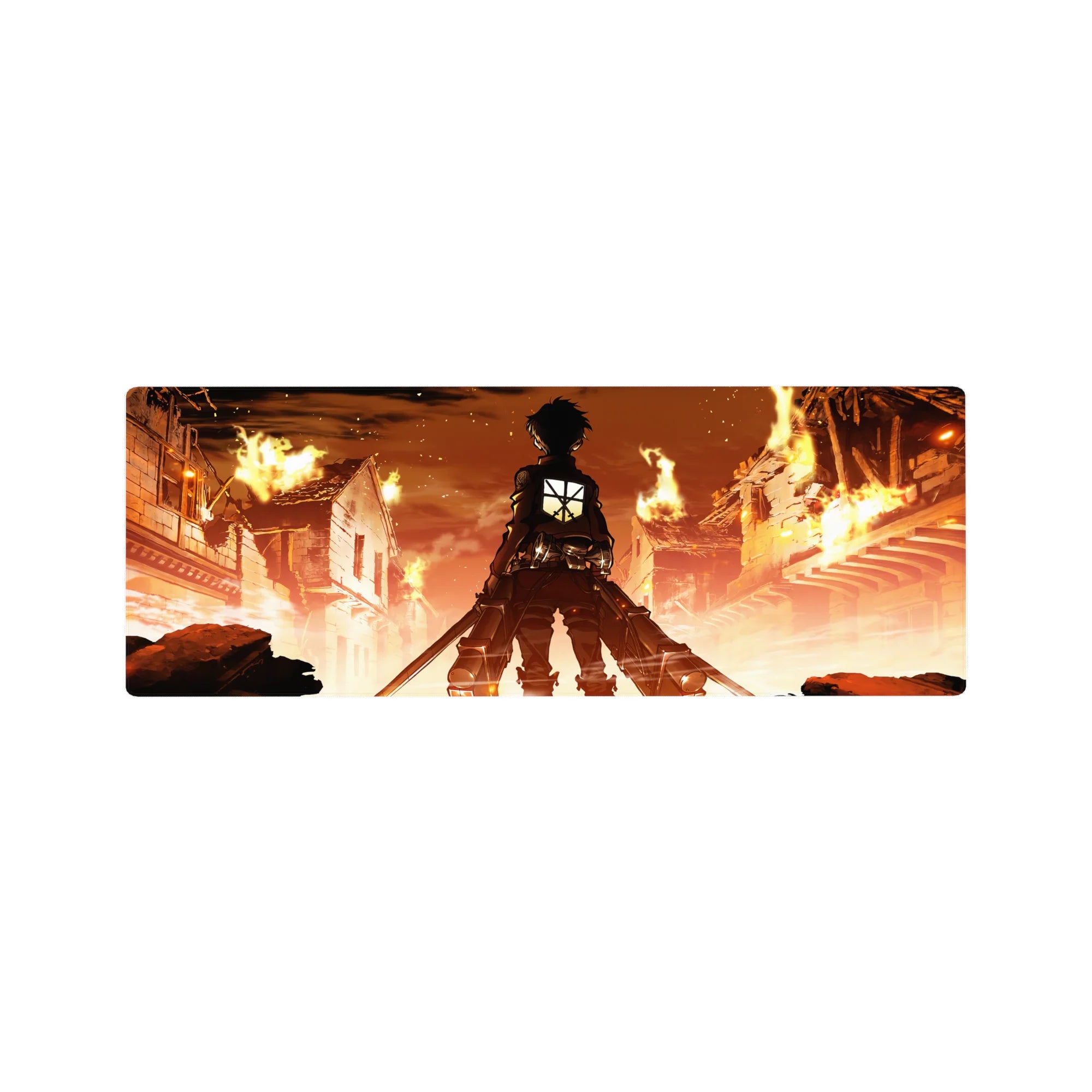 Eren Yeager stands amidst a burning city on this 32x12 inch Attack on Titan mouse pad, capturing an iconic moment.