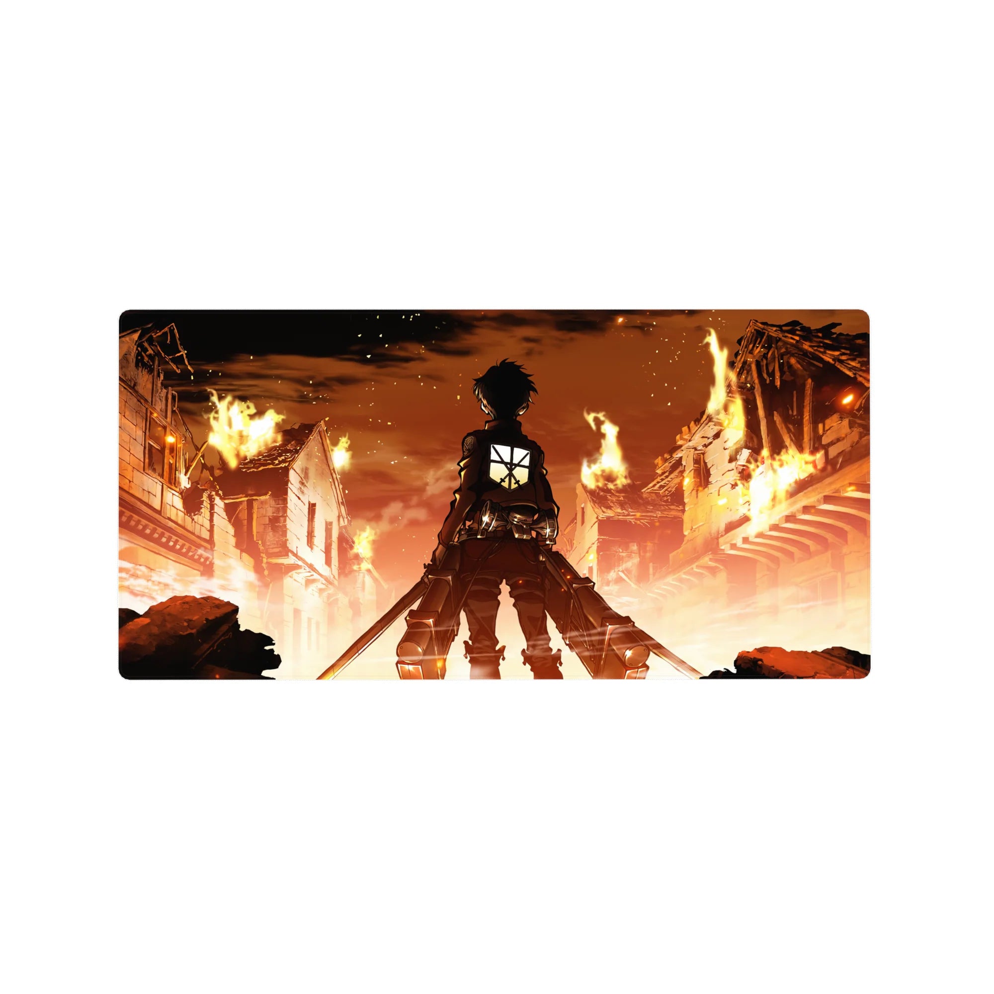 Anime mouse pad 32x16 inches featuring Eren Yeager from Attack on Titan, city in flames background, intense and iconic.