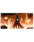 Anime mouse pad 32x16 inches featuring Eren Yeager from Attack on Titan, city in flames background, intense and iconic.