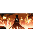 Eren Yeager from Attack on Titan stands amid a burning city, 36x16 inch desk pad captures iconic anime scene.