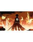 Anime mouse pad 40x20 inches featuring Eren Yeager from Attack on Titan, city in flames, vivid orange embers and smoky skies.