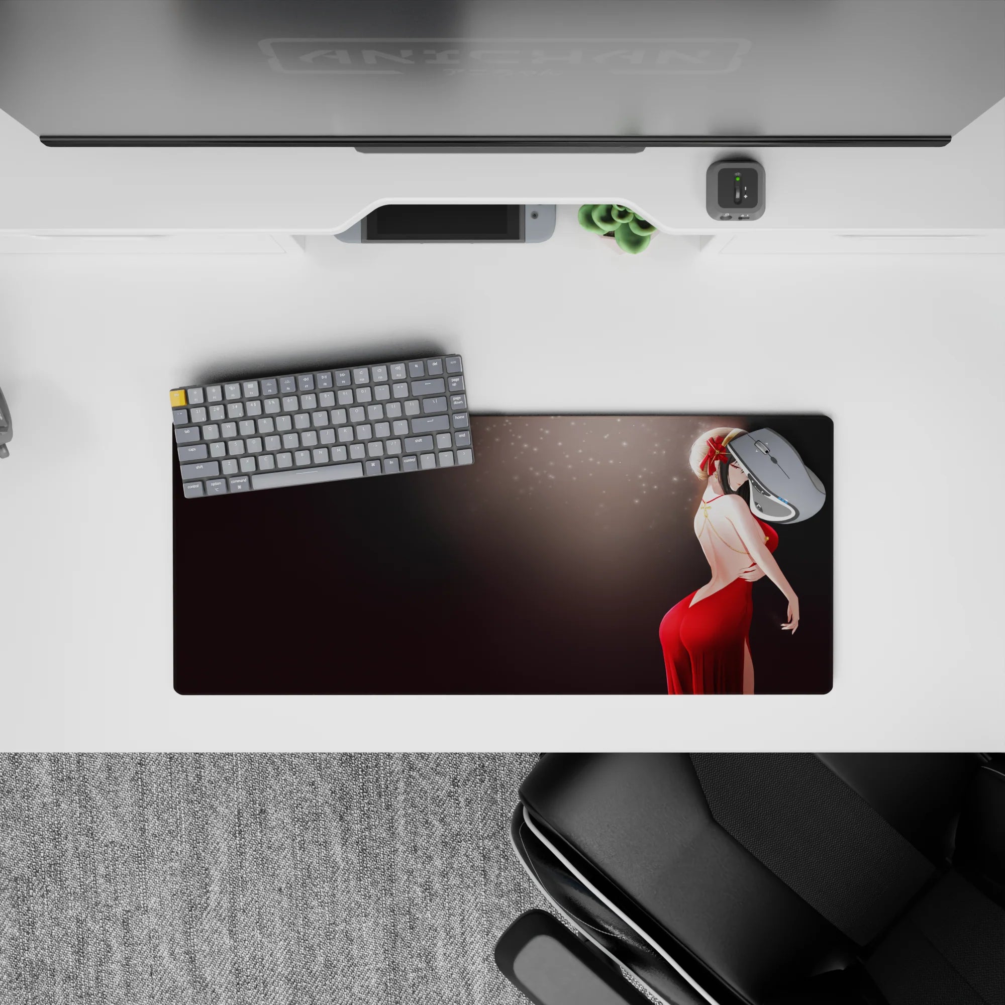 Anime girl mouse pad 28x12 inches in deep crimson and black, soft sparkles, classy nightlife mood.