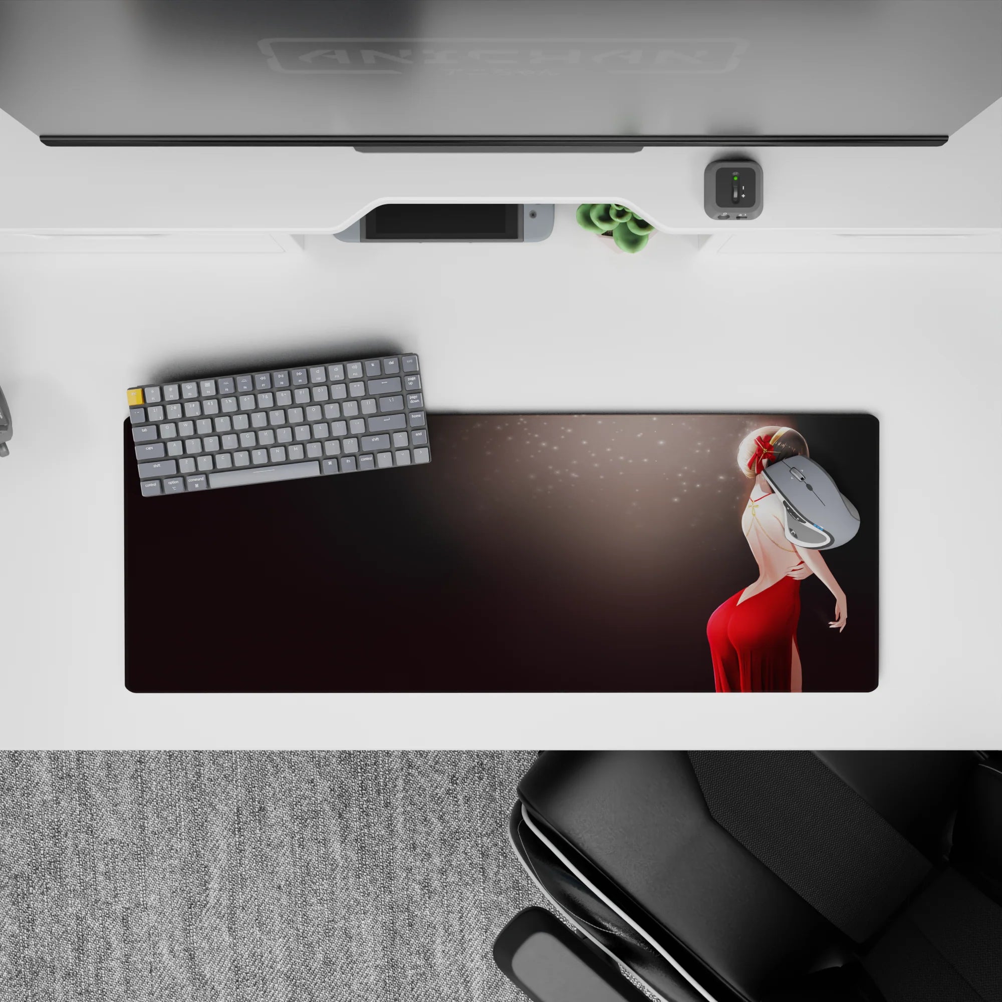 32x12 inches anime desk mat in deep red and black, classy nightlife vibe with soft smoky glow and sparkles.