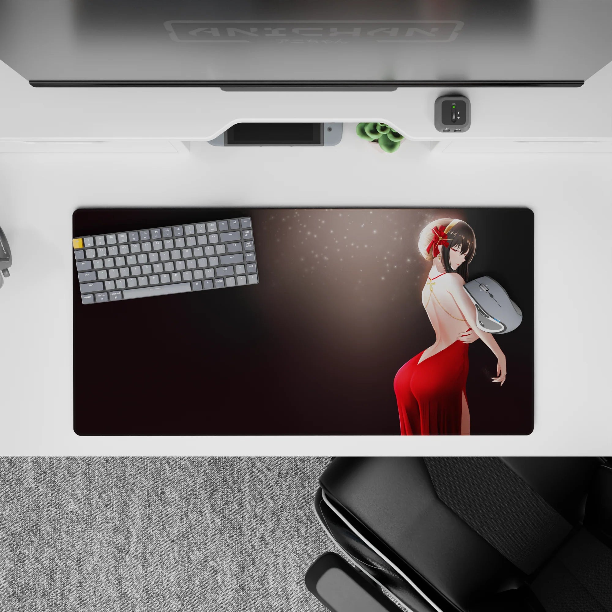 Anime girl mouse pad 32x16 inches in deep crimson reds with a classy nightlife vibe on a calm dark background.