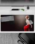 Anime girl mouse pad 32x16 inches in deep crimson reds with a classy nightlife vibe on a calm dark background.