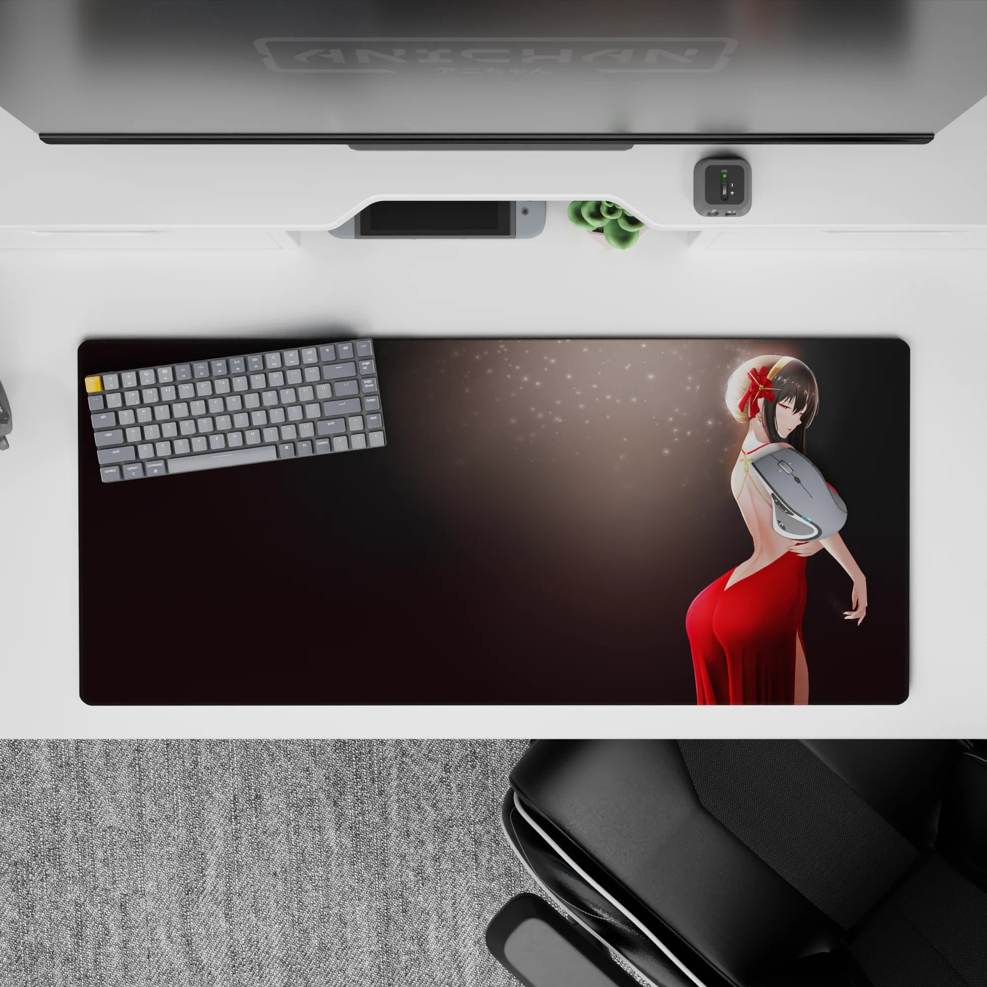 36x16 inches anime desk pad in deep crimson and black with soft sparkles for classy nightlife vibes.