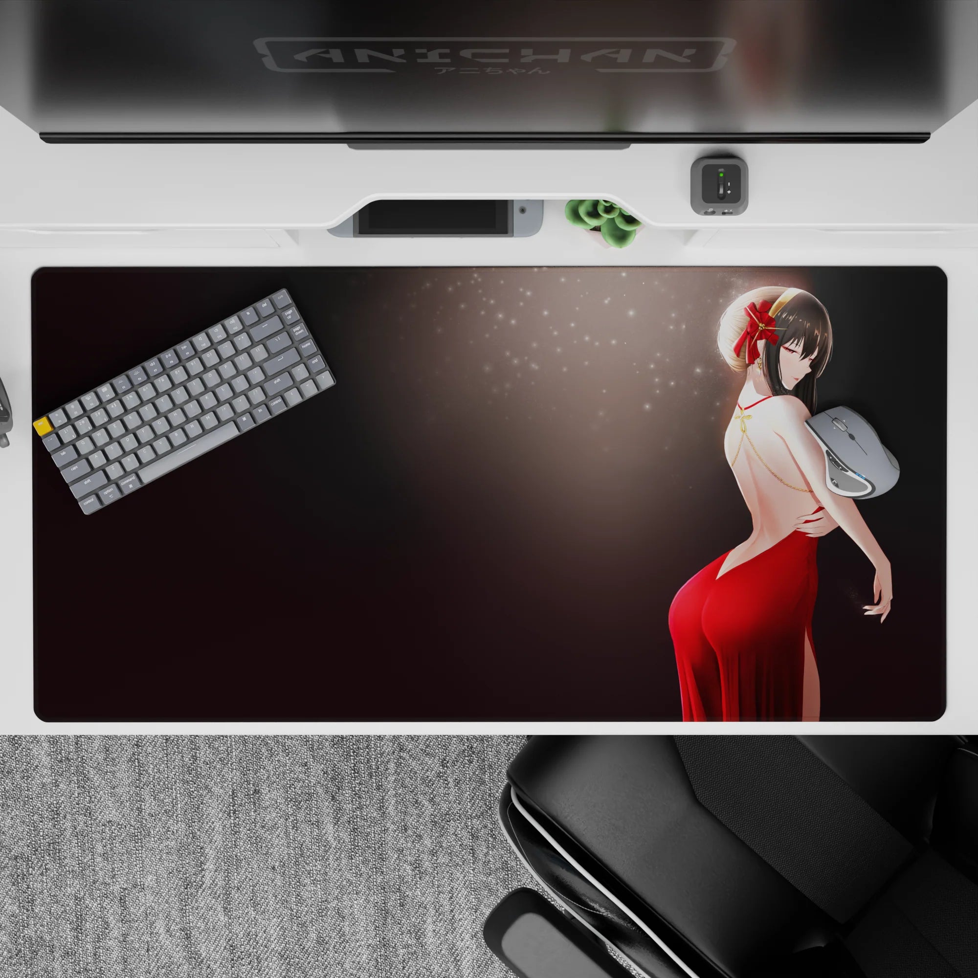 Dark, classy nightlife vibe desk pad 40x20 inches with deep reds, soft sparkles, and clean backdrop.