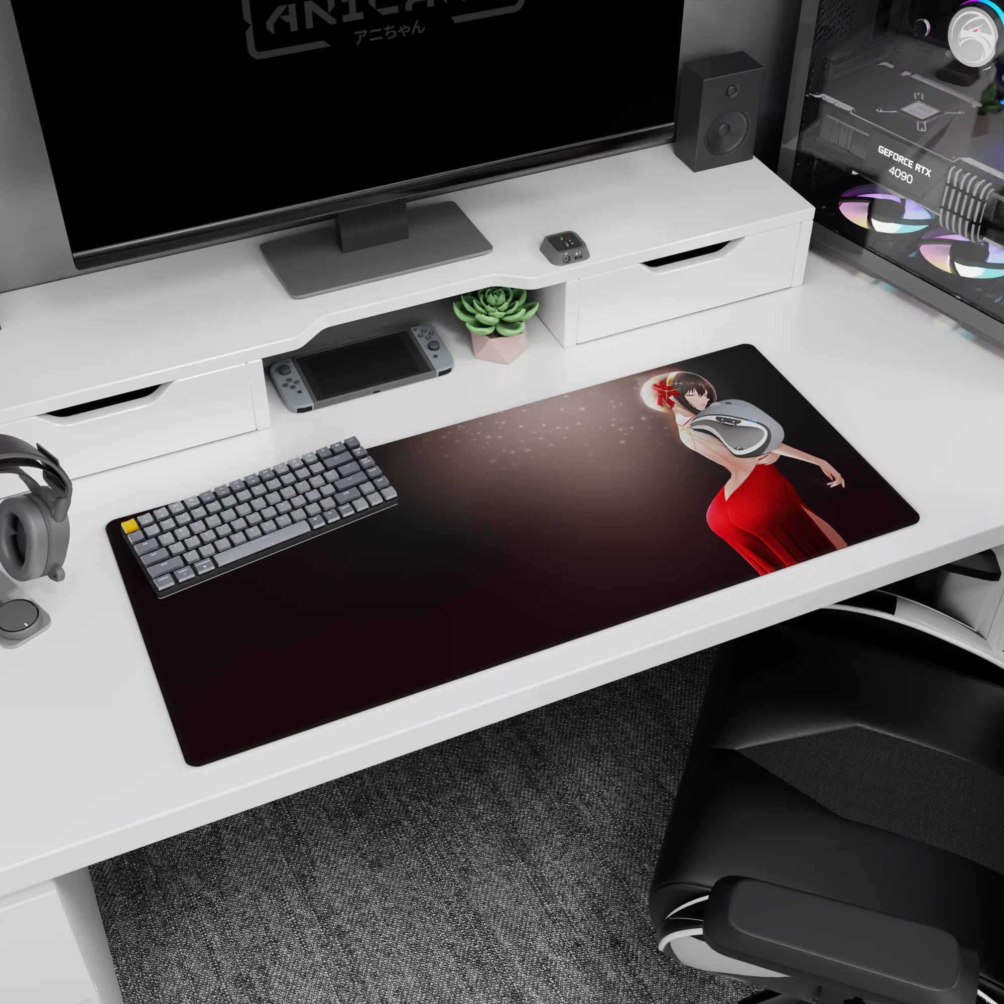 Playful shy anime girl with crimson ribbon and red backless dress on 36x16 inches extended desk pad.