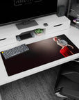 Playful shy anime girl with crimson ribbon and red backless dress on 36x16 inches extended desk pad.