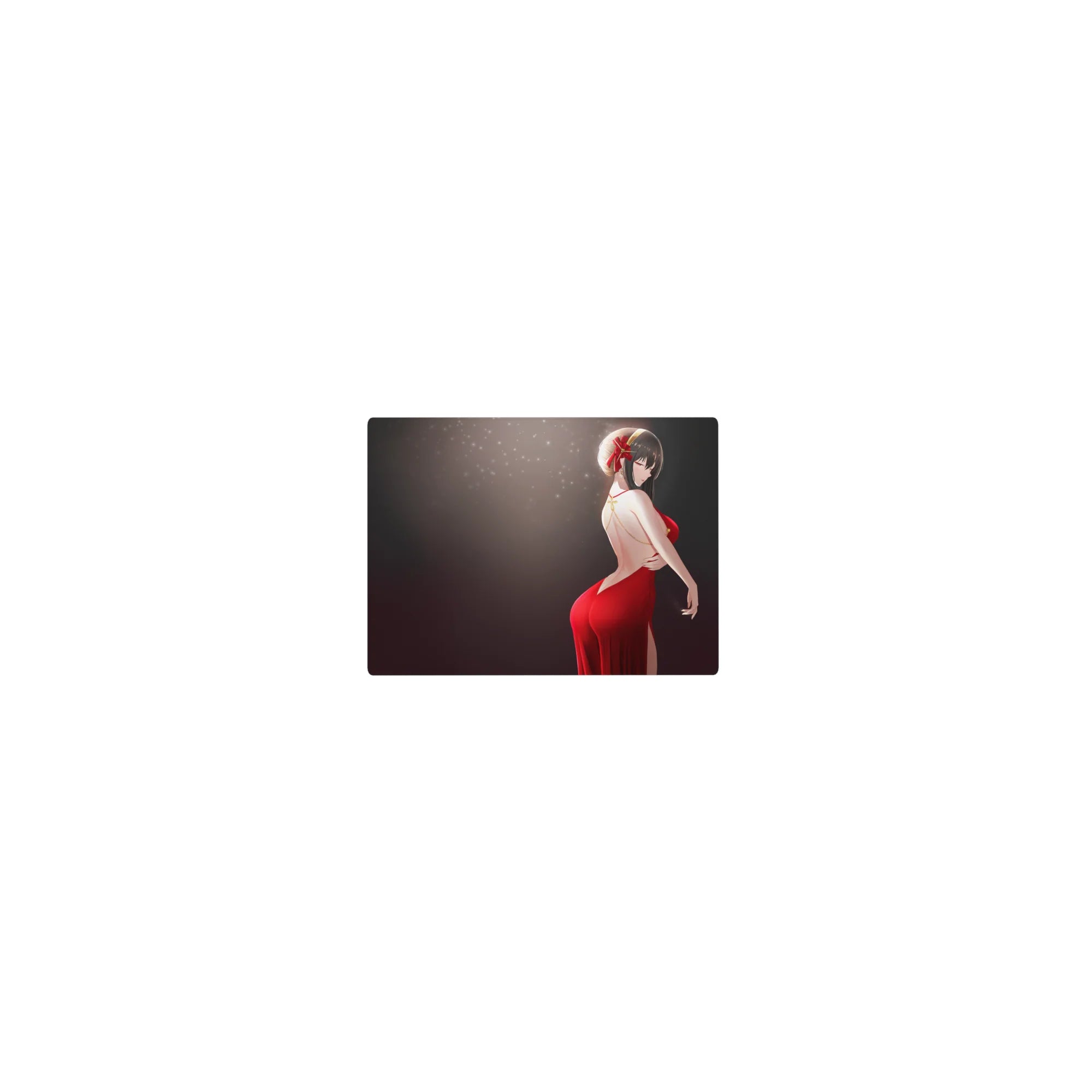 Classic anime girl mouse pad 14x10 inches, red backless dress, smoky dark gradient, floating sparkles.