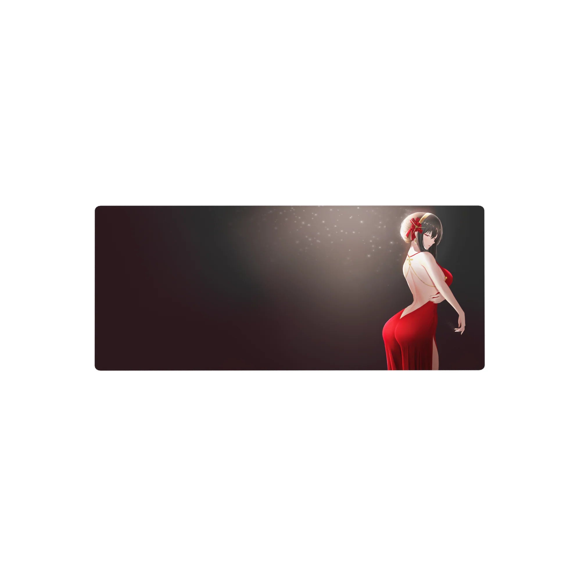 Anime girl mouse pad 28x12 inches with long-haired girl in red backless dress on smoky dark gradient.