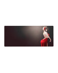 Anime girl mouse pad 28x12 inches with long-haired girl in red backless dress on smoky dark gradient.