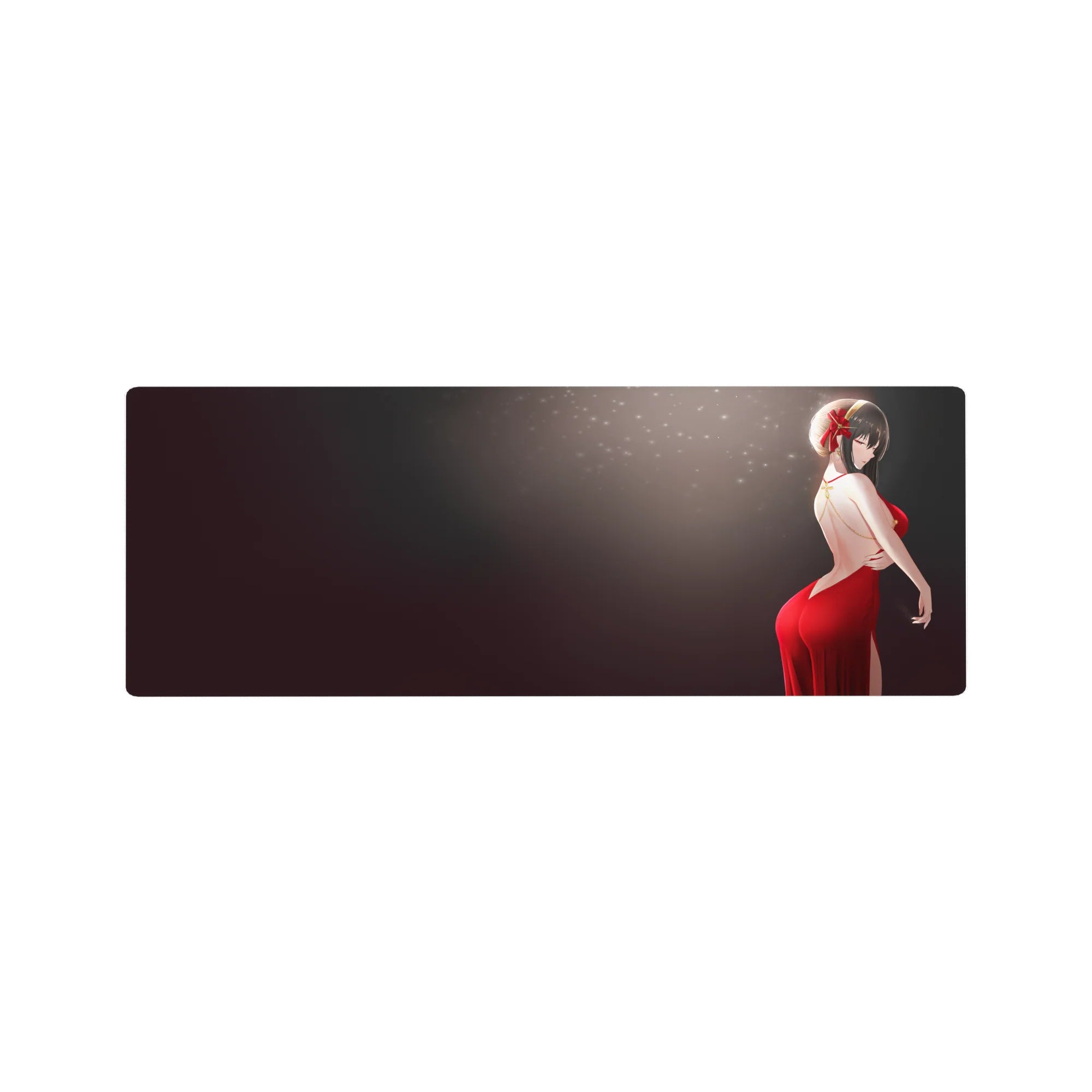 32x12 inches anime girl mouse pad with red backless dress, crimson ribbon, smoky dark gradient sparkles.