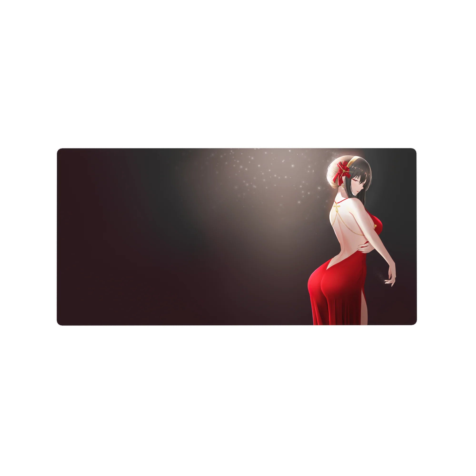 Anime girl mouse pad 32x16 inches with red backless dress, smoky dark gradient, and soft sparkles.
