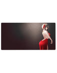 Anime girl mouse pad 32x16 inches with red backless dress, smoky dark gradient, and soft sparkles.