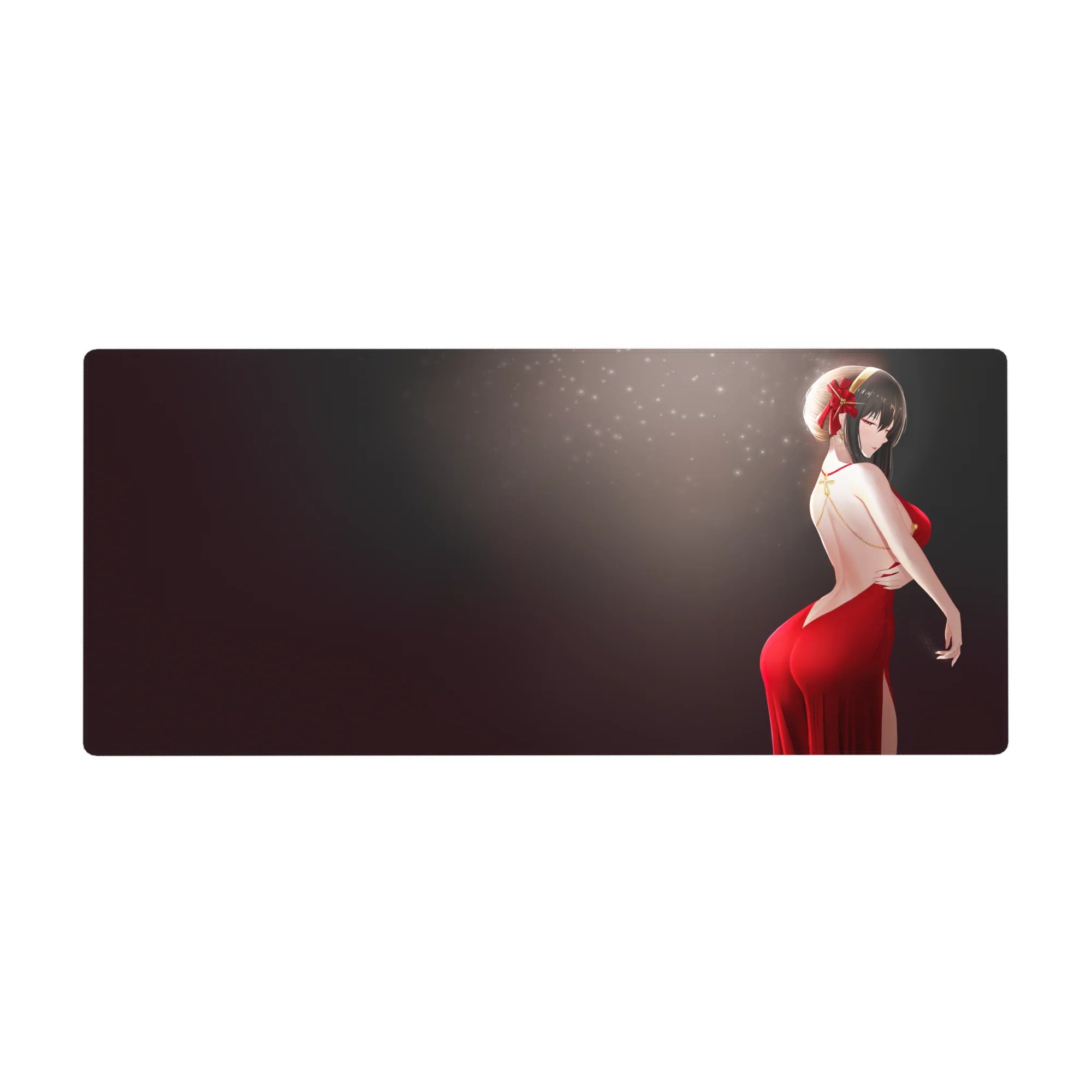 Anime girl desk pad 36x16 inches featuring long-haired girl in red backless dress on smoky dark gradient.