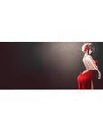 Anime girl desk pad 36x16 inches featuring long-haired girl in red backless dress on smoky dark gradient.