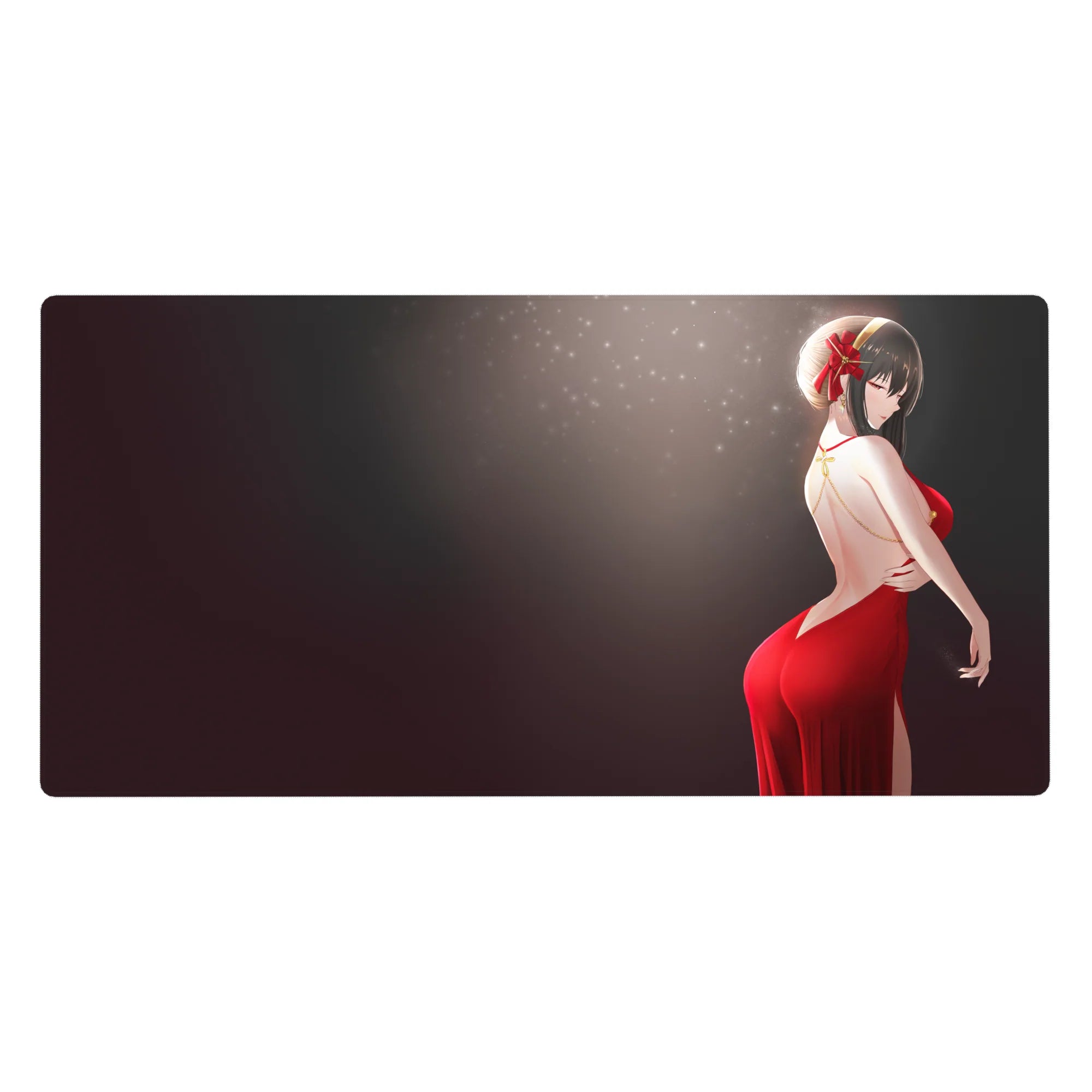 Anime girl desk pad 40x20 inches, red backless dress with crimson ribbon on smoky dark gradient.