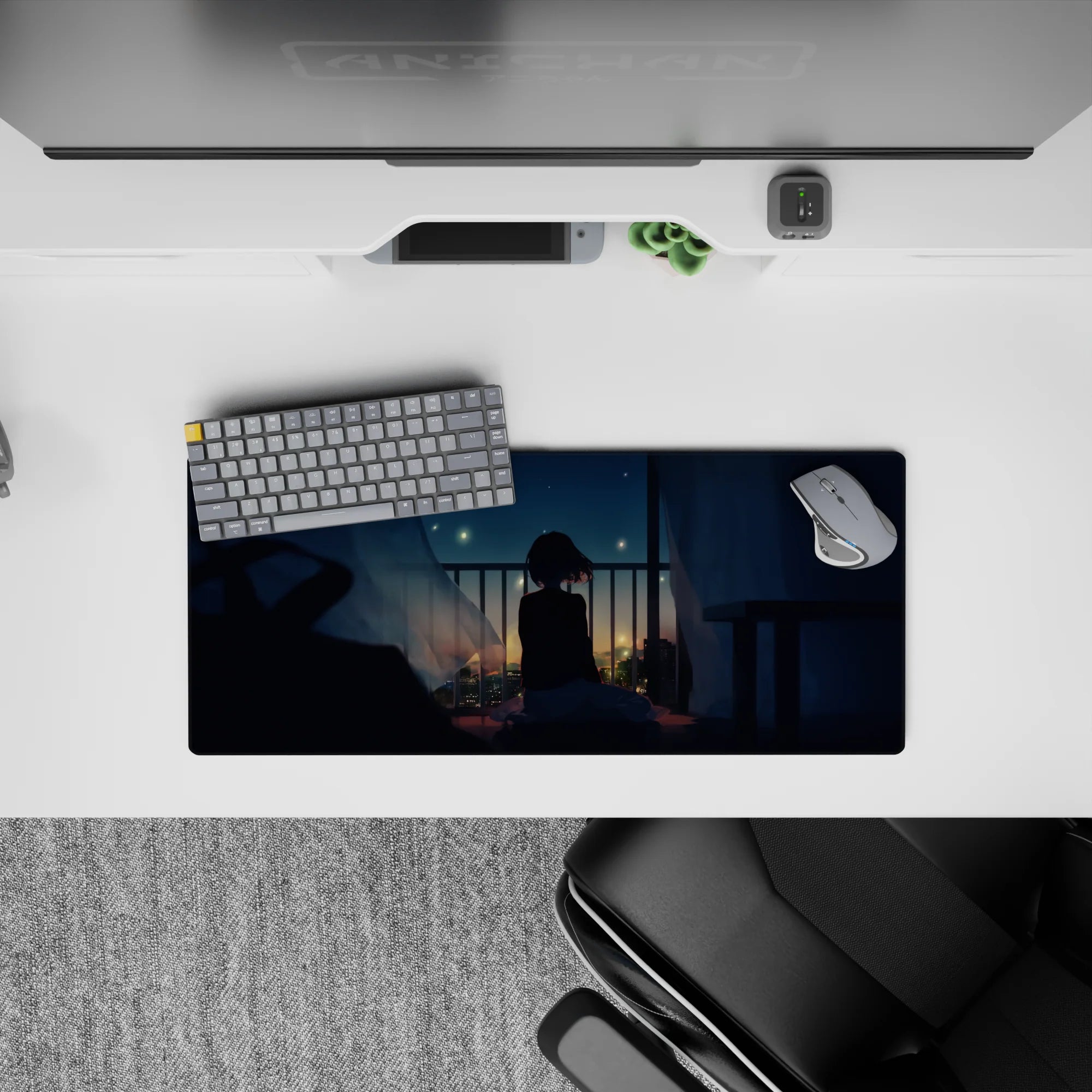 28x12 inches anime girl mouse pad in deep blues and warm gold city glow, calm dreamy night desk mat.