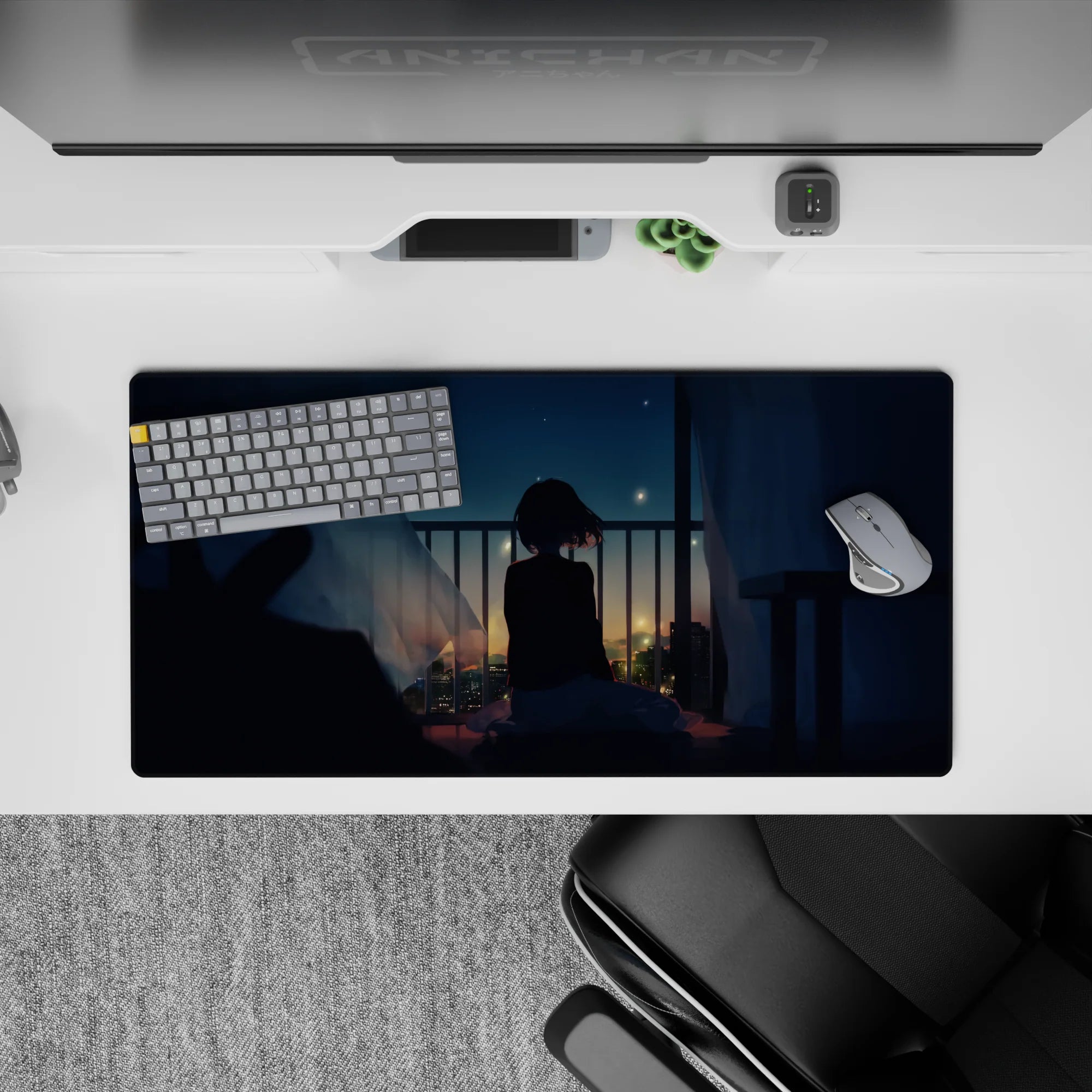 32x16 inches mouse pad in deep blue and warm gold, dreamy night vibe anime art with glowing city dots.