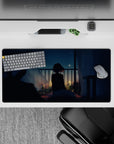 32x16 inches mouse pad in deep blue and warm gold, dreamy night vibe anime art with glowing city dots.