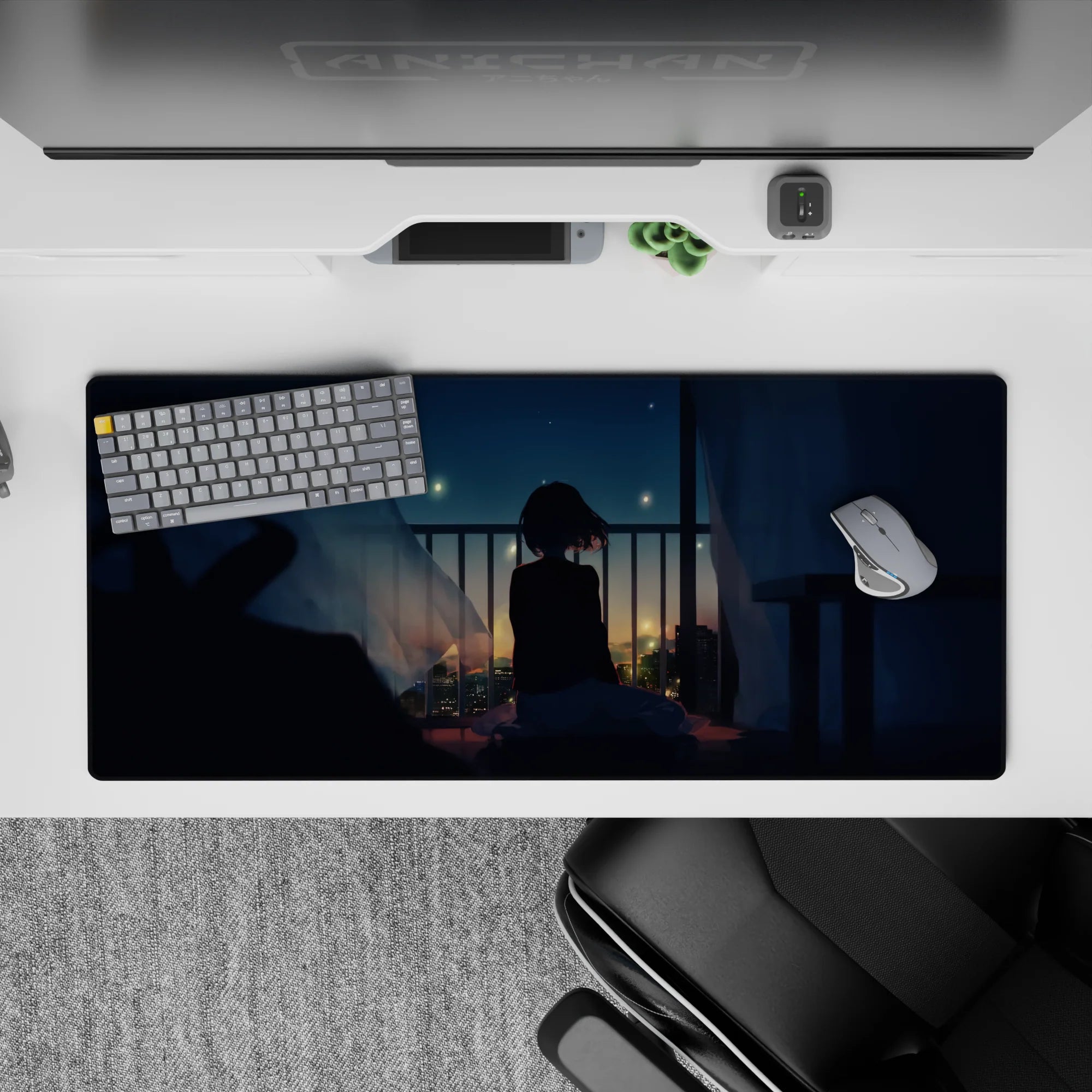 Dreamy deep-blue and warm gold night glow anime desk pad 36x16 inches, calm ambience for smooth mouse moves.