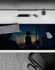 Dreamy deep-blue and warm gold night glow anime desk pad 36x16 inches, calm ambience for smooth mouse moves.