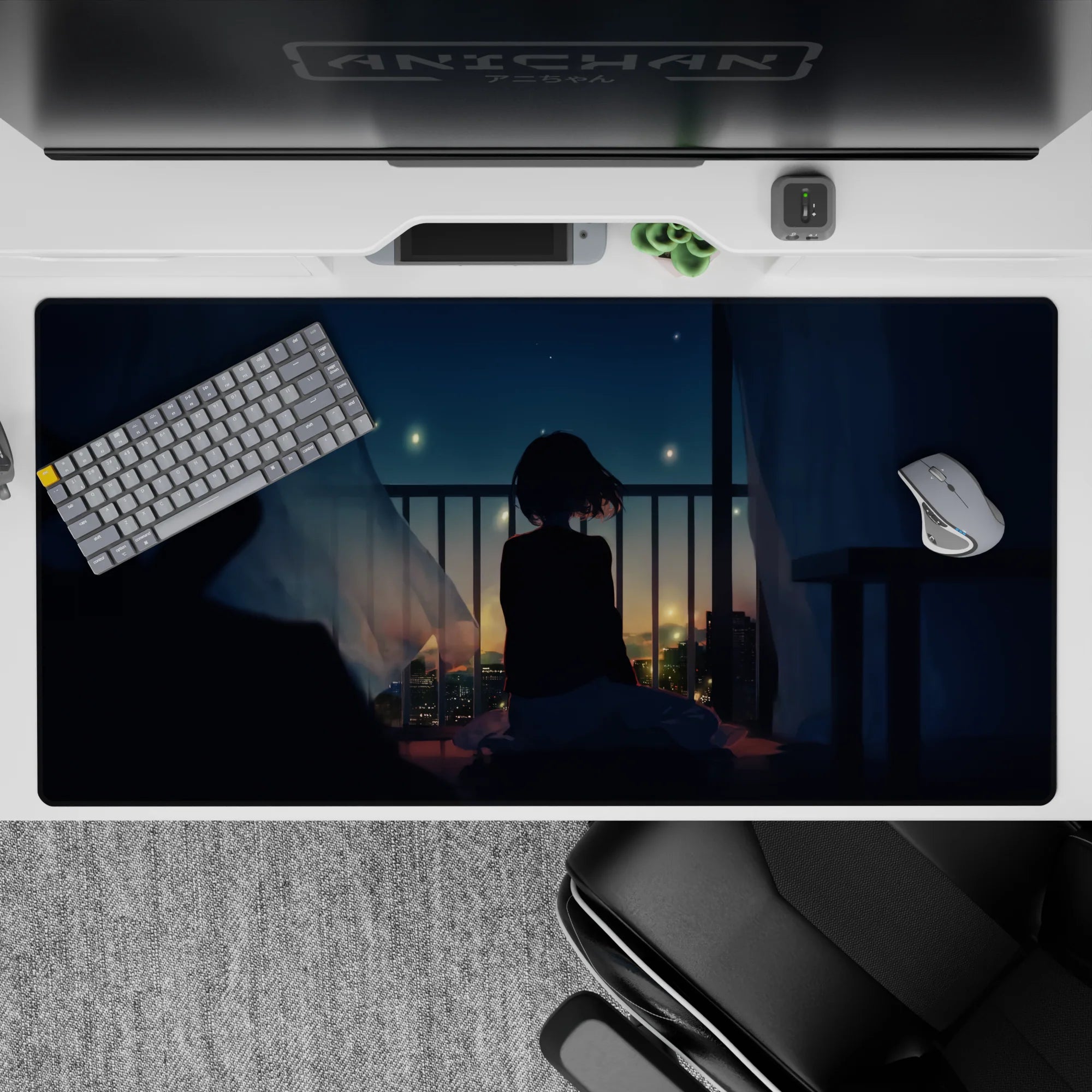 Deep blue and warm gold night glow anime desk pad, calm dreamy vibe, 40x20 inches.