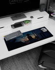 Shy anime girl by the window balcony watching city lights on an anime girl mouse pad 32x12 inches.