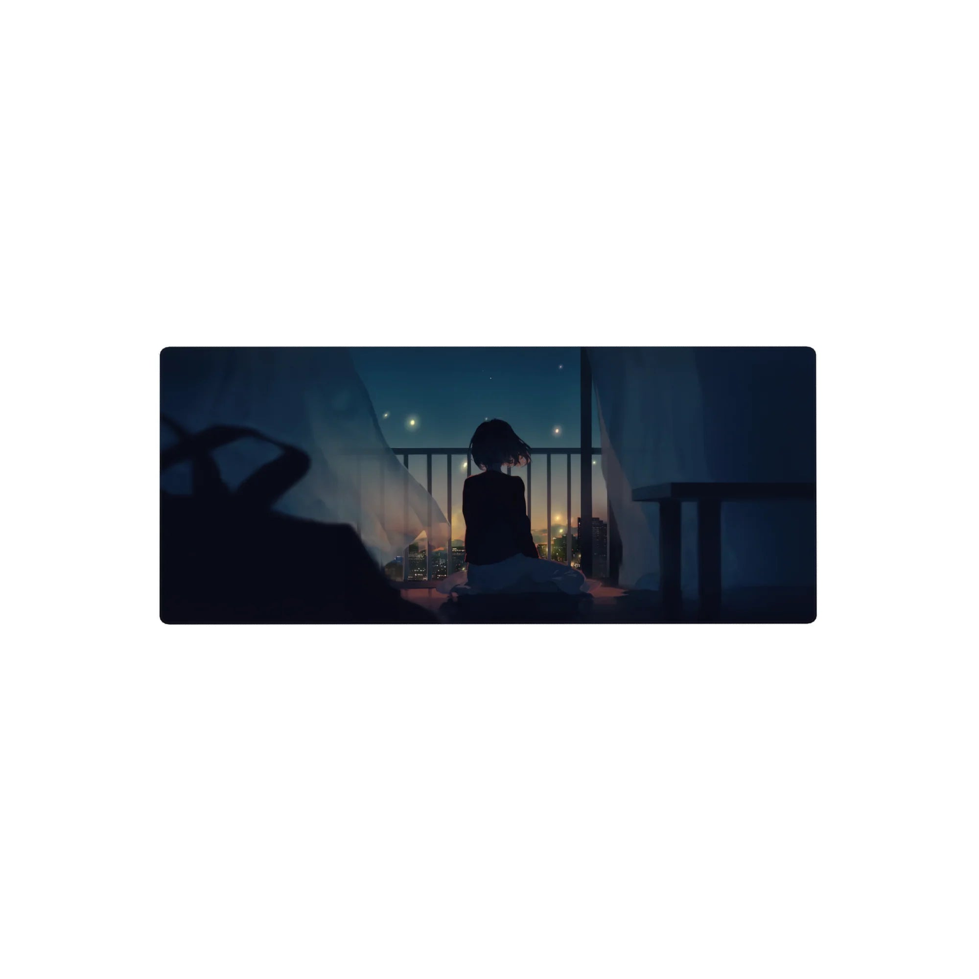 28x12 inches anime girl mouse pad with balcony city lights, drifting curtains, and smooth glide desk mat.