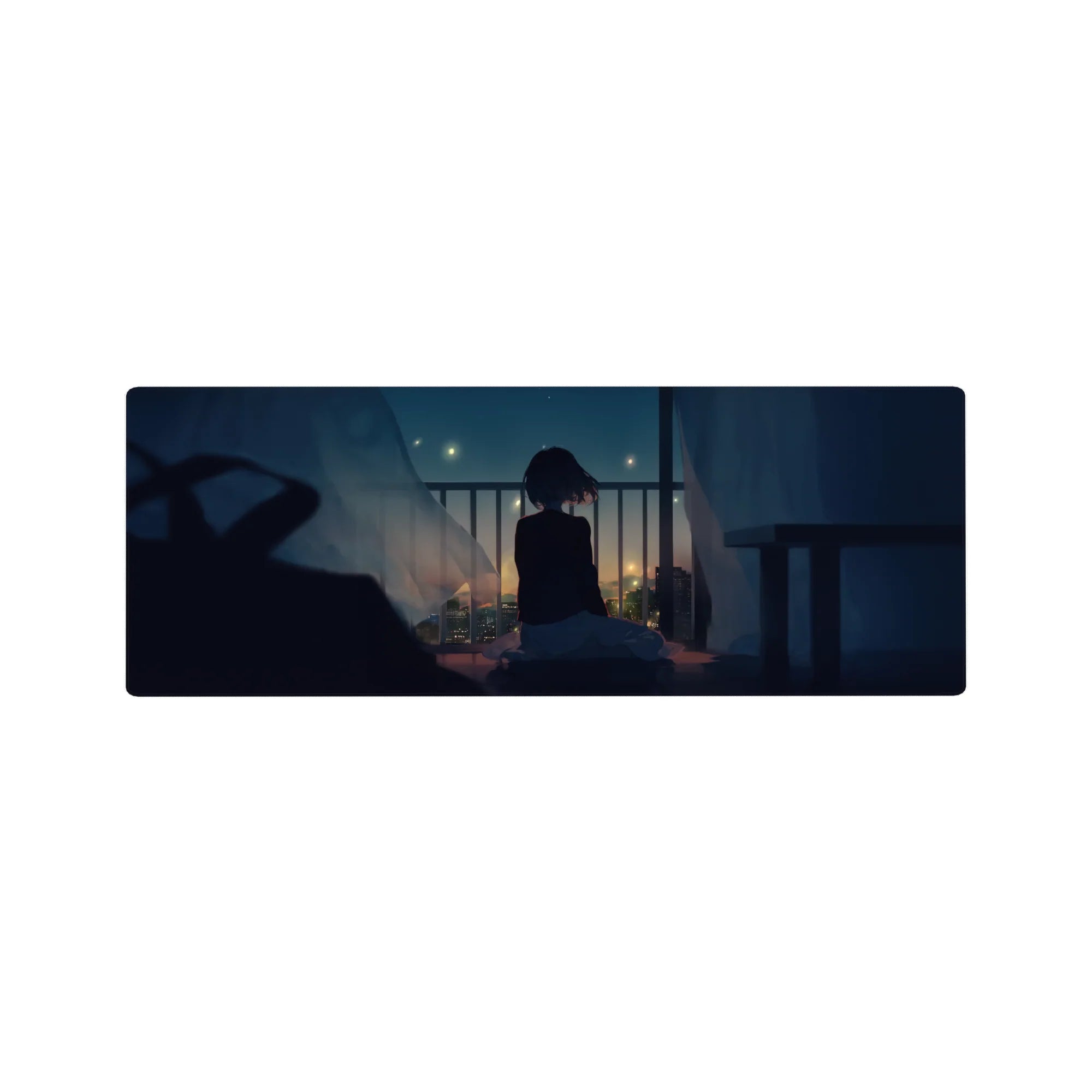 Anime girl mouse pad 32x12 inches with shy balcony scene, twinkling city lights, and flowing curtains.