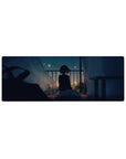 Anime girl mouse pad 32x12 inches with shy balcony scene, twinkling city lights, and flowing curtains.