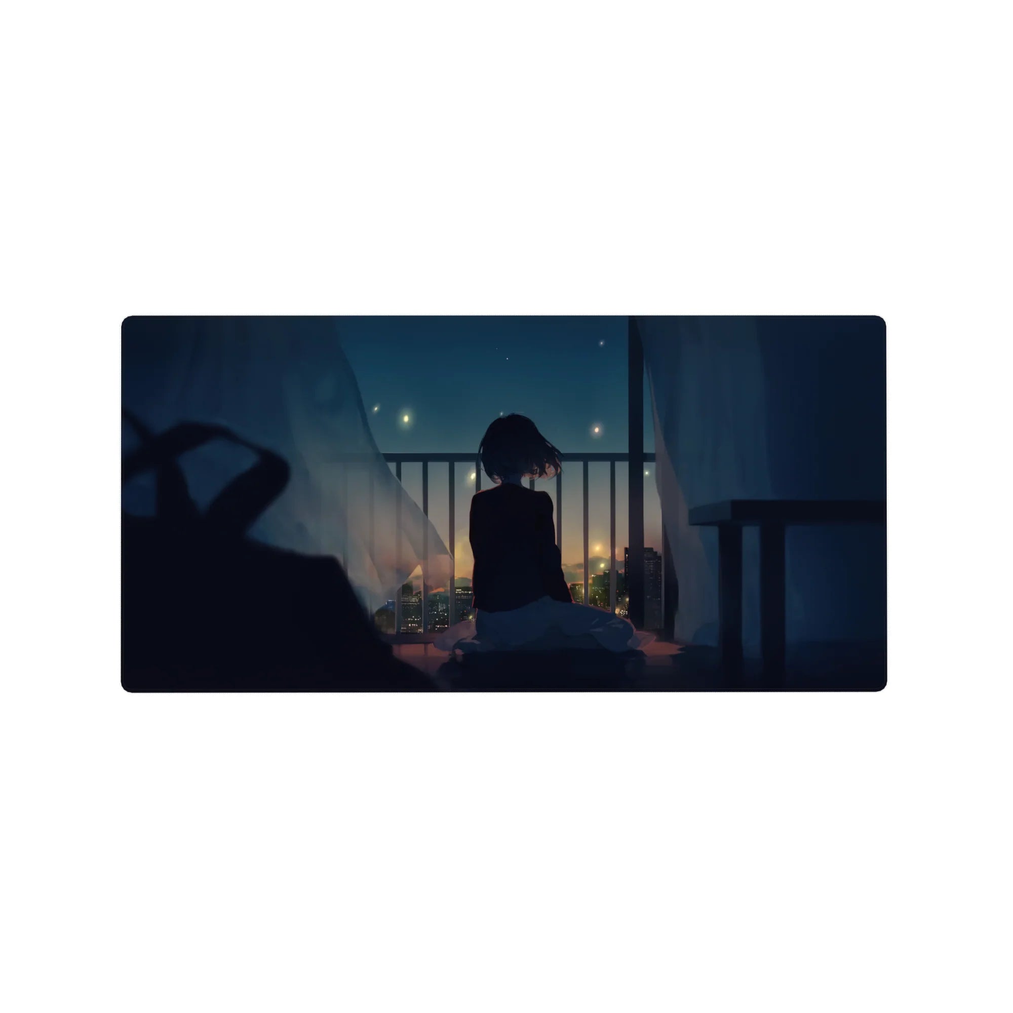 32x16 inches anime girl mouse pad with balcony city lights, flowing curtains, and cozy desk aesthetic.