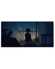 32x16 inches anime girl mouse pad with balcony city lights, flowing curtains, and cozy desk aesthetic.
