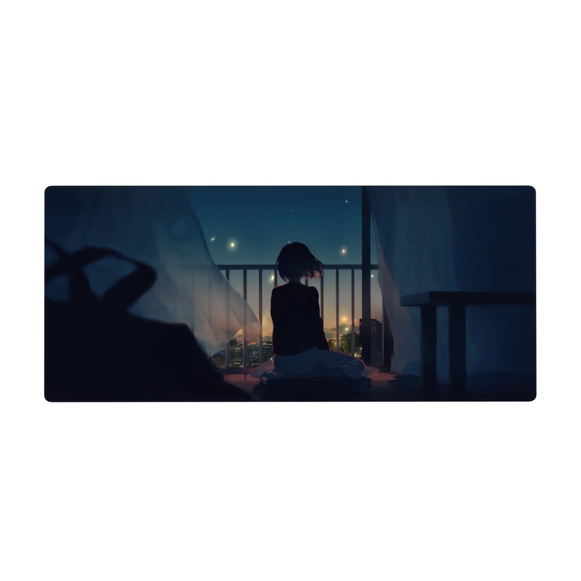 Anime girl desk pad 36x16 inches with balcony view, city lights, and flowing curtains for a cozy setup.