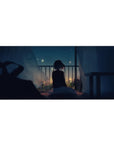 Anime girl desk pad 36x16 inches with balcony view, city lights, and flowing curtains for a cozy setup.