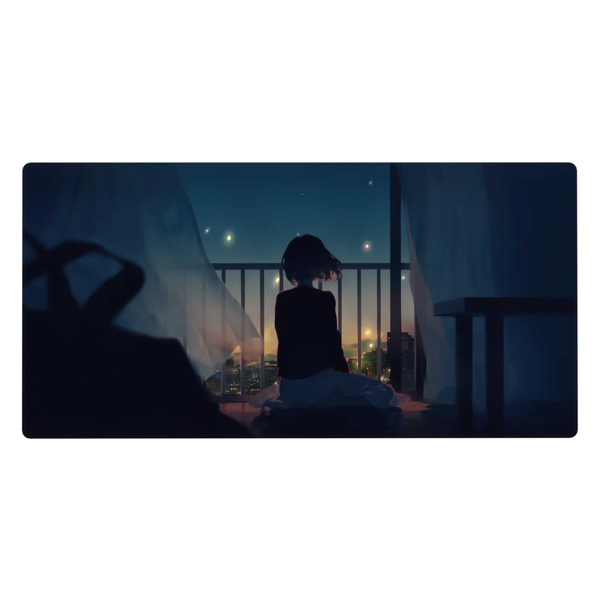 Anime girl balcony city lights desk pad, smooth mouse glide, 40x20 inches.