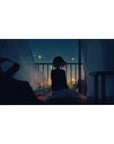 Anime girl balcony city lights desk pad, smooth mouse glide, 40x20 inches.