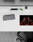Dark fantasy anime mouse pad 14x10 inches with red eyes, orange firelight, and intense last-stand mood.