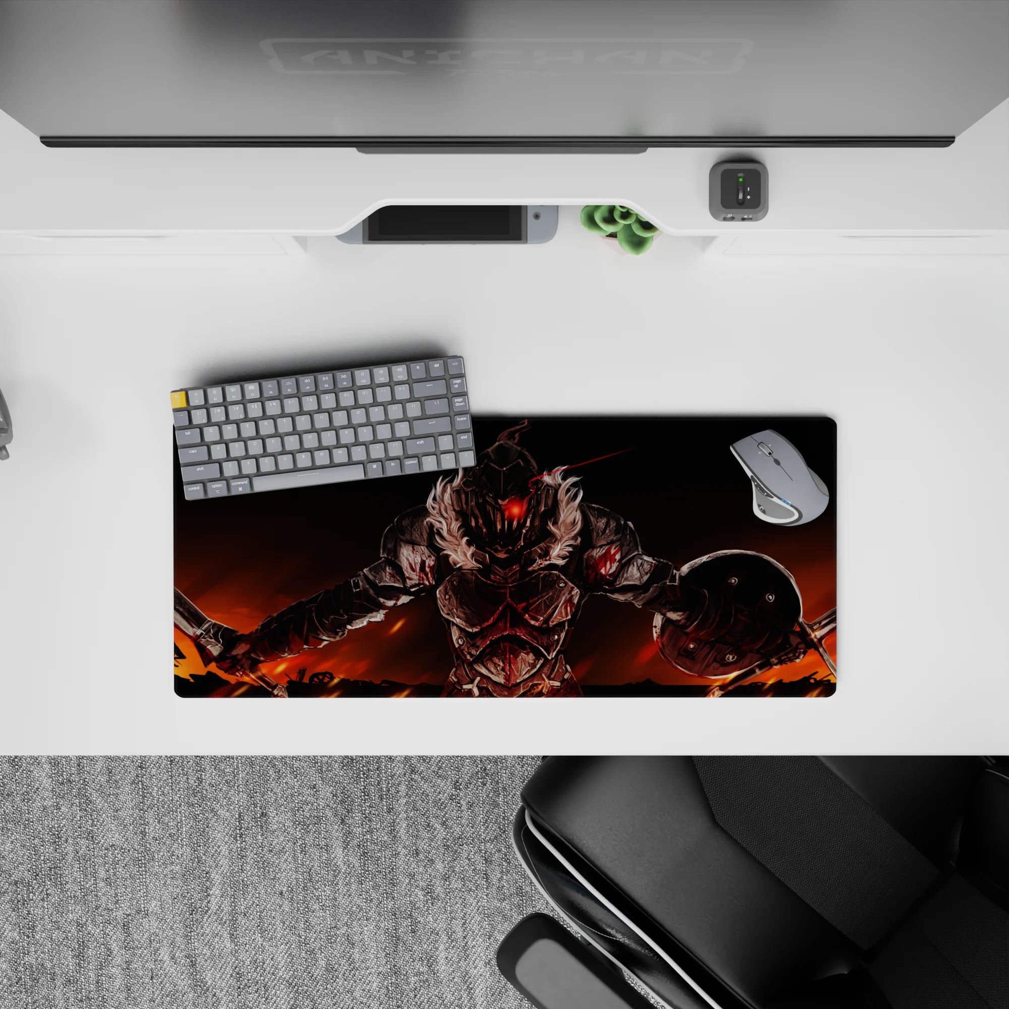 Anime desk pad 28x12 inches in red, orange, and black with intense battle mood and glowing firelit shadows.