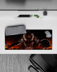 Anime desk pad 28x12 inches in red, orange, and black with intense battle mood and glowing firelit shadows.