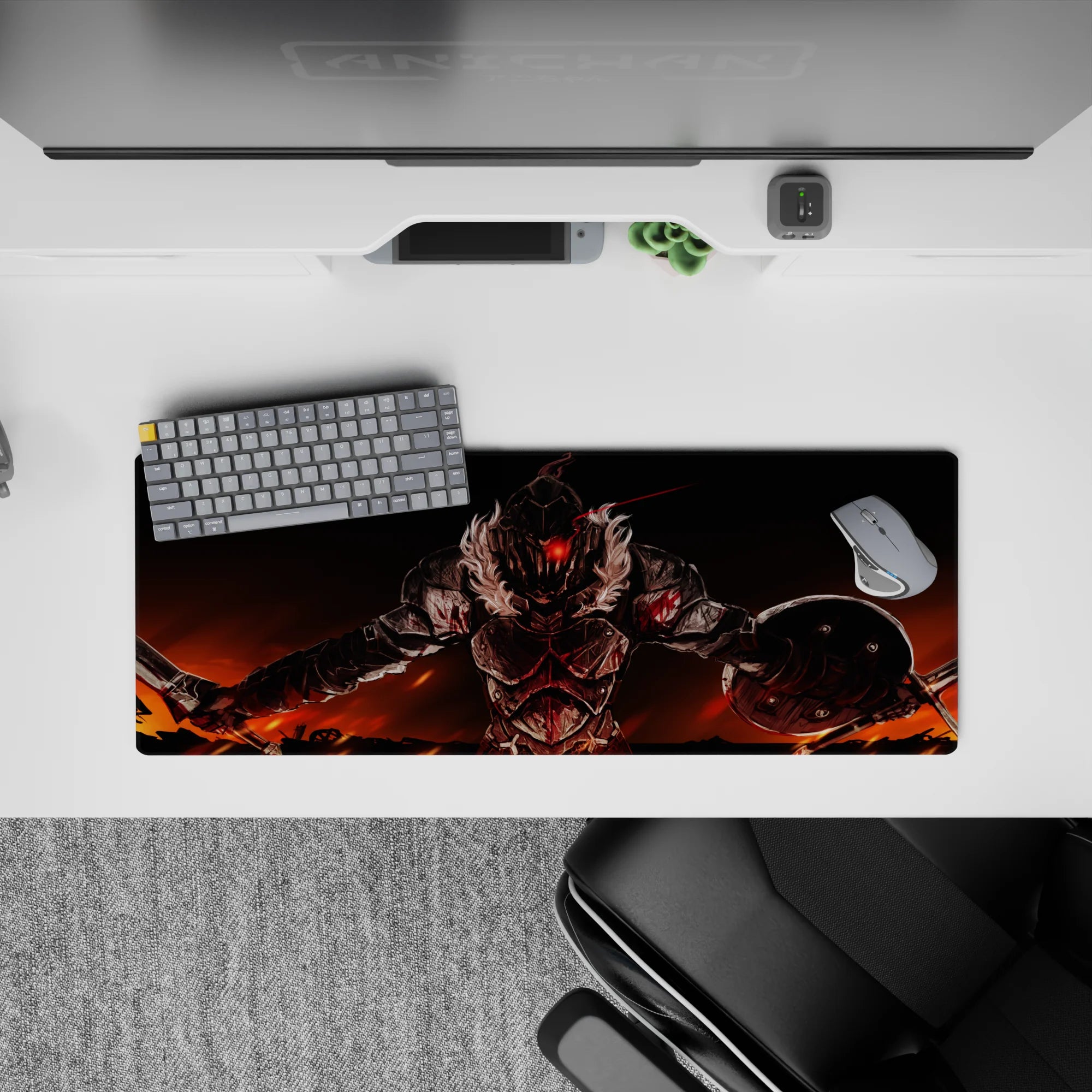 Anime desk pad 32x12 inches in fiery red and orange tones with an intense last-stand battle mood.