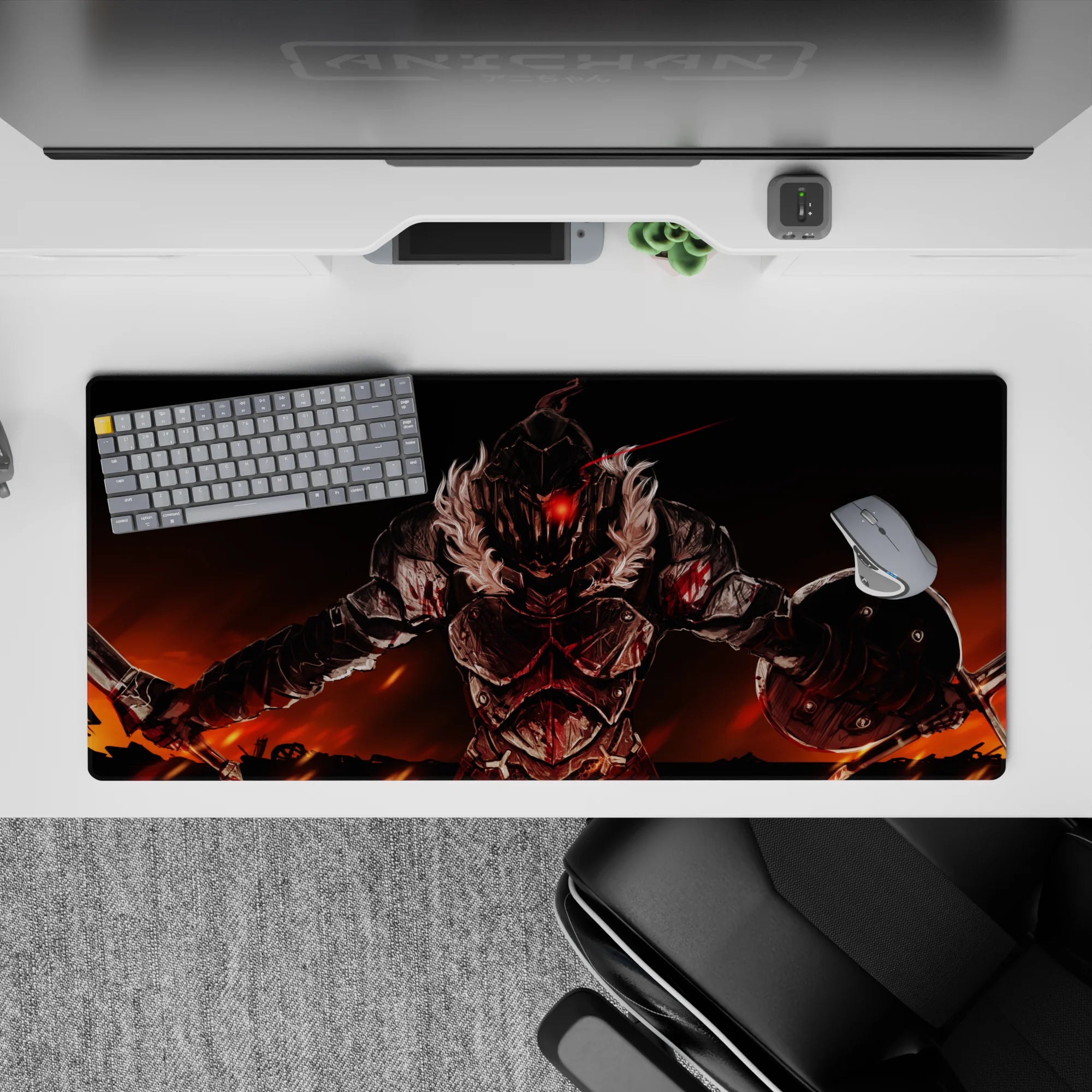Anime desk pad 36x16 inches in red, orange, and black with an intense last-stand battle mood.