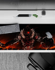Anime desk pad 36x16 inches in red, orange, and black with an intense last-stand battle mood.